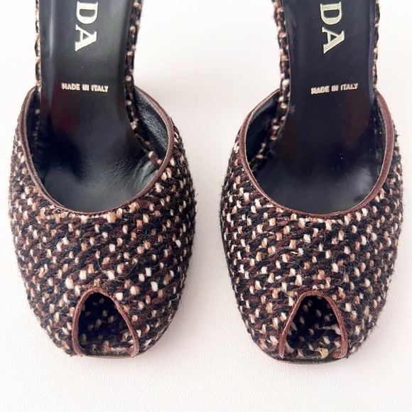PRADA | Brown Tweed Leather Peep Toe D’Orsay Heels Pumps Vintage Y2K EU 36 - Picture 6 of 14